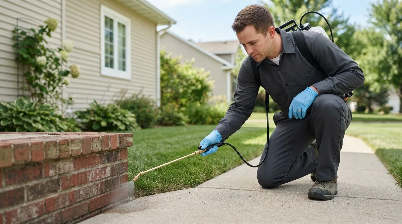 Pest control technician treating a home near Krakow, WI