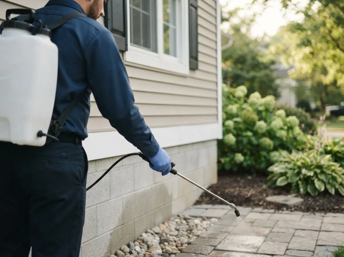 Pest control technician inspecting a home in Krakow, WI